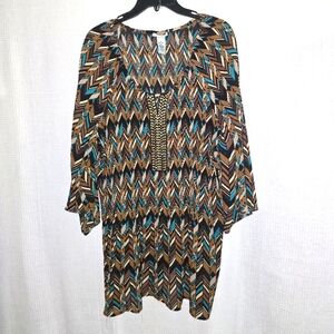 Catherine's Chevron Patterned Blouse with Beaded Detail 3/4 Sleeve Sz 3X Pleated